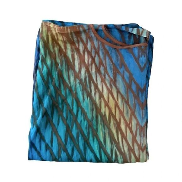 Cathayana Shibori Silk Poncho in Blue Turquoise Green Yellow and Browns - Picture 6 of 8